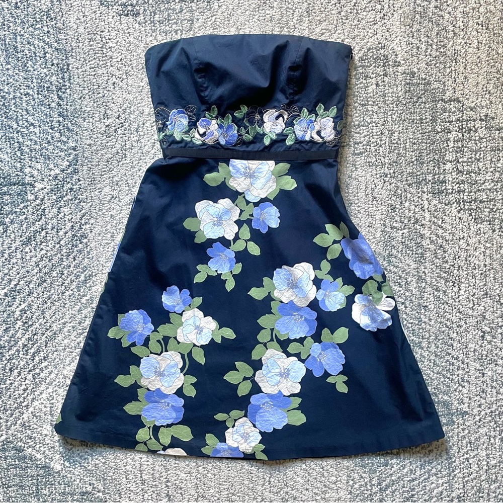 Vintage ANN TAYLOR LOFT Tea Dress Floral Print Embroidery Bustier Cottage Core